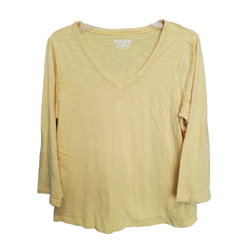 Chico's Slub Knit Yellow V-Neck 3/4 Sleeve T-Shirt Size 2 Large